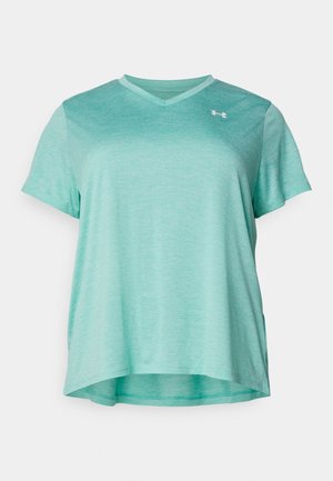 T-shirt de sport à manches courtes et col en V couleur bleu sarcelle clair avec un petit logo blanc Under Armour sur la poitrine.