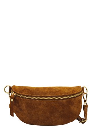 Sac en cuir suédé marron à bandoulière avec des fermetures éclair dorées, en forme arrondie, détail de gland sur le côté et sangle ajustable pour un port polyvalent.