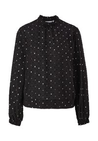 Blouse noire à manches longues avec col montant, en tissu texturé et ornée de points argentés. Poignets élastiqués et ourlet droit.