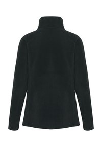 Black fleece jacket with a high collar, long sleeves, and a smooth texture. Features a straight cut and no visible fastenings on the back.