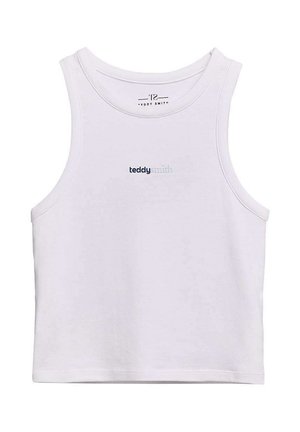 Top court blanc sans manches avec encolure ronde et texte "teddy smith" imprimé en petites lettres bleu marine et grises sur la poitrine.