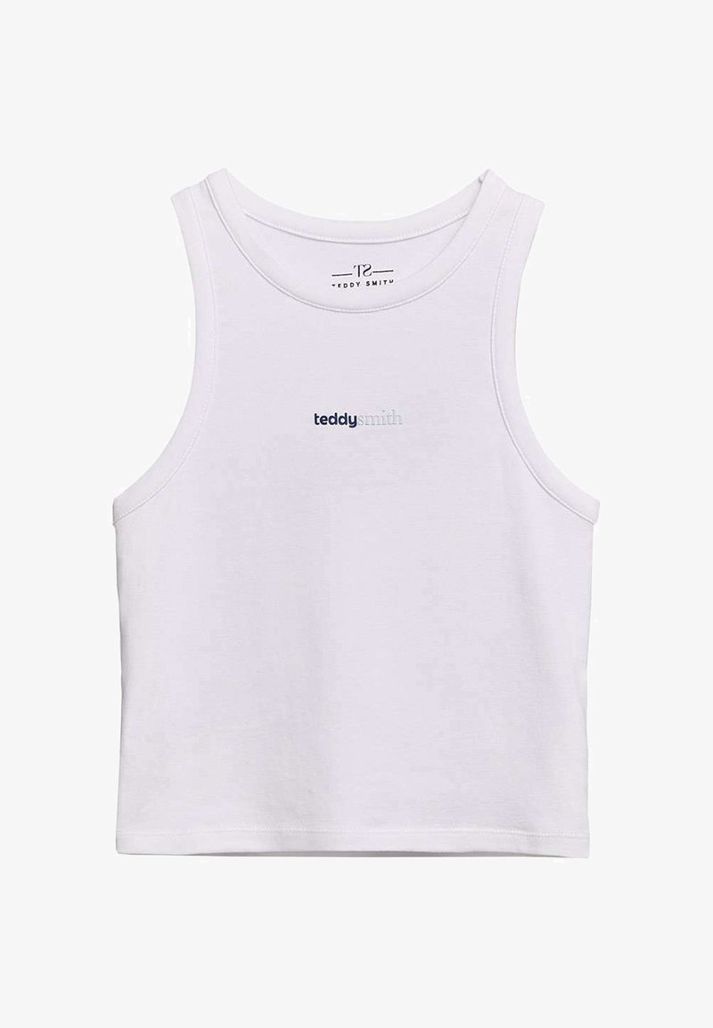 Top court blanc sans manches avec encolure ronde et texte "teddy smith" imprimé en petites lettres bleu marine et grises sur la poitrine.