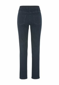 Mörkblå denimbyxor med elastisk midja, två bakfickor, rak bendesign och en jämn textur.