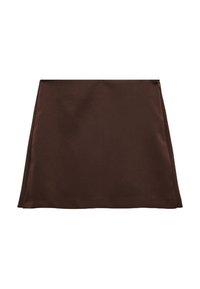 Bruine A-lijn rok van zacht materiaal, met een gladde textuur en een verborgen zijrits voor sluiting.