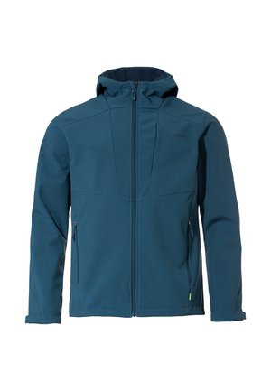 Tirkizna softshell jakna s kapuljačom, punim prednjim patentnim zatvaračem i dva bočna džepa sa patentnim zatvaračem. Ima glatku teksturu i ergonomsku konstrukciju.