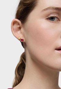 Orecchini in tono oro con un piccolo design a cuore e una gemma rosso rubino, montati su un semplice supporto, per un look contemporaneo.
