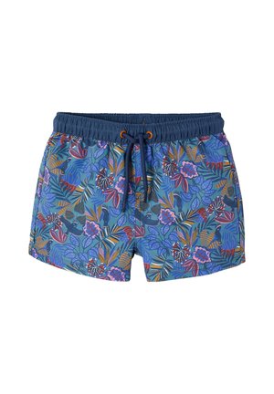 Blaue Herren-Badehose mit elastischem Bund, Kordelzug und mehrfarbigem tropischem Blatt- und Blumenmuster.