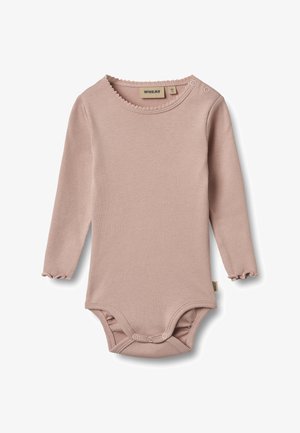 Body rose pour bébé à manches longues, côtelé, avec bords festonnés, pressions aux épaules et trois pressions à l'entrejambe.