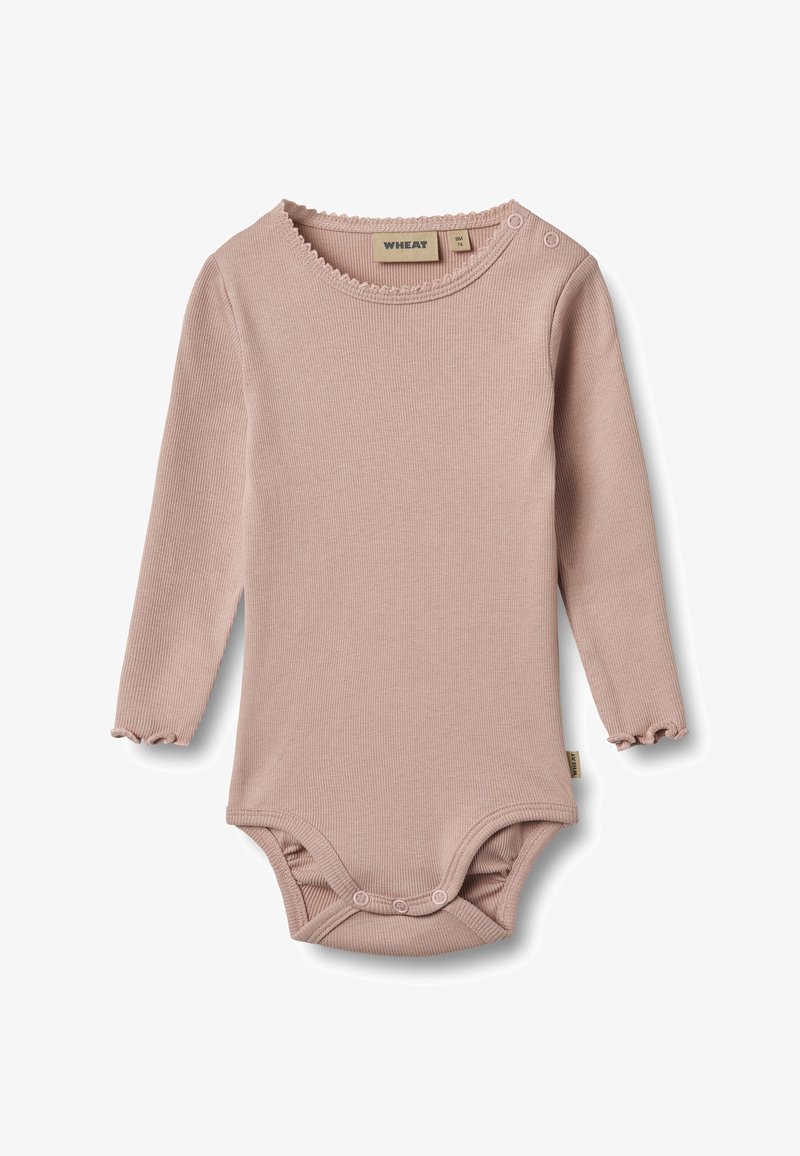 Body rose pour bébé à manches longues, côtelé, avec bords festonnés, pressions aux épaules et trois pressions à l'entrejambe.