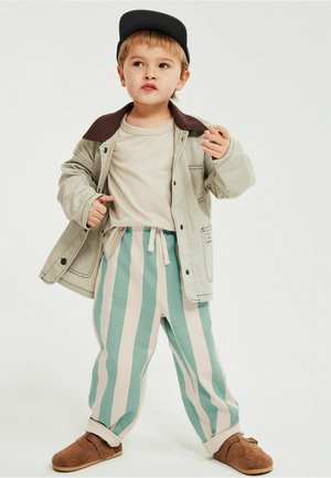 Junges Kind trägt eine schwarze Kappe, beige Jacke, cremefarbenes Hemd, grün-weiß gestreifte lange Hose und braune Schuhe, steht vor weißem Hintergrund.