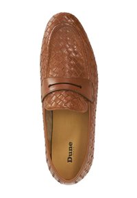Woven brown leather loafer with a smooth accent band and rounded toe. Interior lined with a patterned textile; brand name visible on insole.