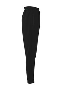 Zwarte sportbroek met een elastische tailleband, zijritszak en taps toelopend ontwerp, met een gladde textuur en een slanke uitstraling.