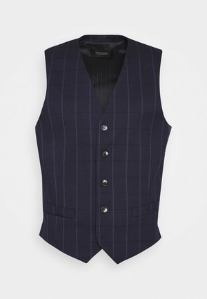 Navy blue vest with vertical pinstripes, single-breasted design, five metallic buttons, and two front pockets. Textured fabric.