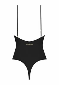 Body noir avec un design en forme d'étoile, doté de bretelles ajustables et d'un logo doré "Maison Close" au centre. Texture lisse.