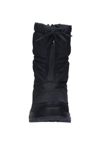 Zwarte winterlaars met een padded materiaal, gathered top en trekkoordsluiting. Voorzien van een structuurzool en een versterkt teengebied.