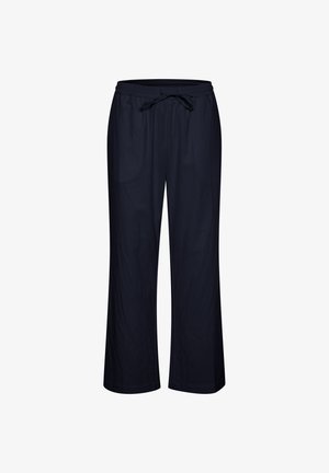 Tamno plave široke hlače izrađene od lagane tkanine. Imaju elastičnu obrub s podešavanjem na vezicu i gladak materijal.