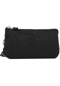 Busta nera in nylon con chiusura a zip, caratterizzata da una superficie testurizzata e da una toppa rotonda con logo. Include un piccolo anello per il fissaggio.