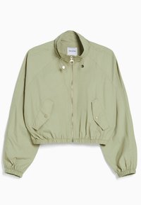 Cropped light green jacket made of textured fabric, featuring a front zipper, stand collar, and two side pockets with snap closures.