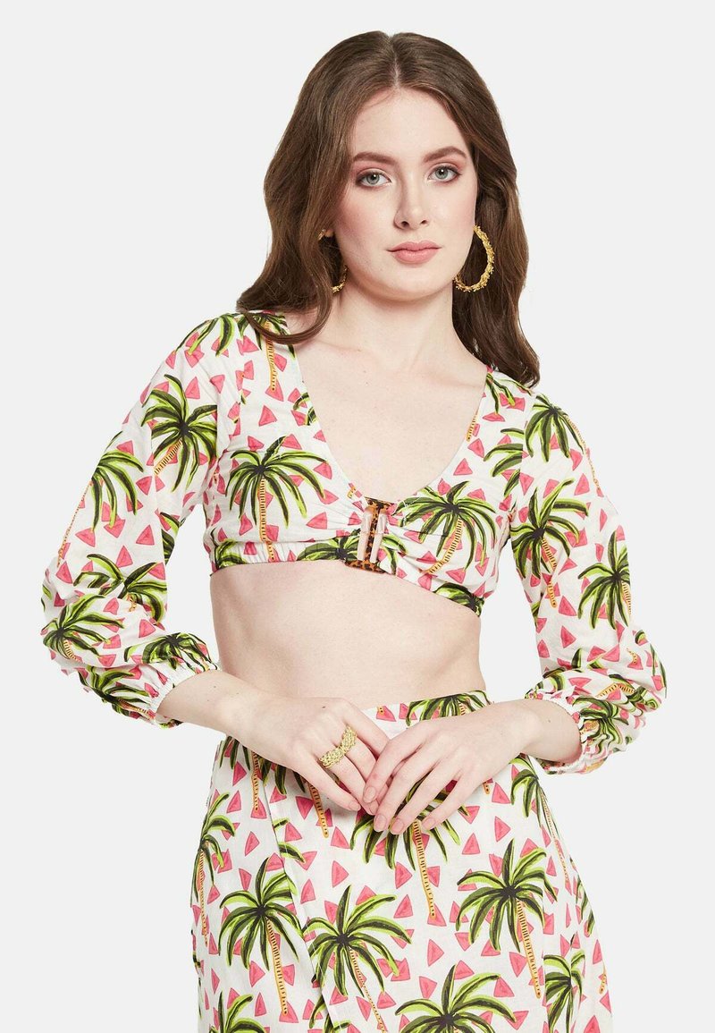 Polstret bikini-top med lange pufærmer, palmetræ- og vandmelonprint, med en frontlukning i en guldfarvet finish.