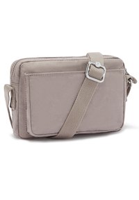 Borsa a tracolla grigia di forma rettangolare, con tracolla regolabile, chiusura con zip e tasca frontale. Materiale testurizzato.