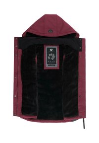 Bordowa kurtka z odpinanym kapturem i czarną podszewką z polaru. Posiada zatrzaski oraz metkę z kwiatowym wzorem wewnątrz.
