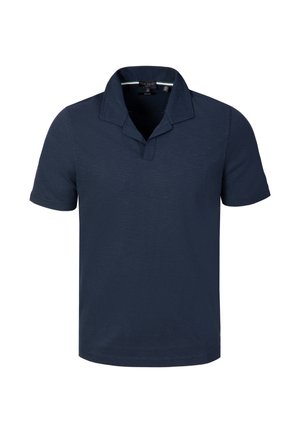 Polo blu navy a maniche corte con collo aperto e senza bottoni, mostrato su sfondo bianco.