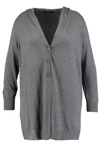Szary kardigan z kapturem, dekoltem w serek i czterema guzikami z przodu. Wykonany z miękkiego, strukturalnego materiału z prążkowanymi mankietami i dołem.