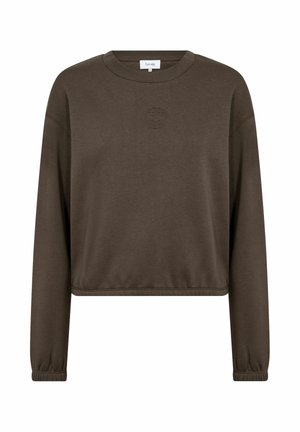 Brown cropped sweatshirt made of soft fabric, featuring a round neckline, long sleeves, and a subtle embroidered logo on the chest.