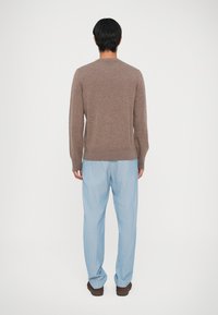 Brun striktrøje med rund halsudskæring, parret med lysblå stribede bukser og brune sko, set fra ryggen.