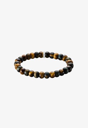 Stretch-Armband mit abwechselnd polierten braunen und schwarzen Tigeraugenperlen und einer silbernen Perle, die mit "WOMH" graviert ist, vor weißem Hintergrund.