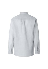 Light gray long-sleeve shirt made of linen. Features a button-down collar and button cuffs, with a plain texture and relaxed fit.