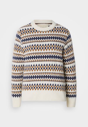 Hvid sweater med et geometrisk mønster i marineblå, orange og brun. Har rund halsudskæring samt ribbede manchetter og kant. Blød tekstur.