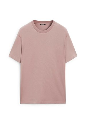 T-shirt di cotone rosa con scollatura rotonda e maniche corte, caratterizzata da una vestibilità comoda e una superficie liscia.