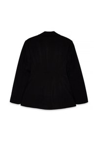 Čierny sakó s vystuženým dizajnom, dlhými rukávmi, štíhlym golierom a hladkou textúrou s jemným švom.