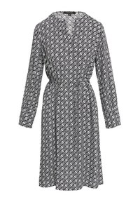 Langärmliges Kleid in Schwarz und Weiß mit geometrischem Muster, V-Ausschnitt, taillierter Taille und fließendem Stoff.