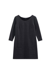 Abito a metà coscia di colore grigio scuro realizzato in tessuto morbido, con scollatura rotonda e maniche lunghe, dotato di due tasche frontali.
