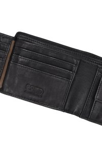 Sort RFID-blokerende læderpung med flere kortlommer, glat tekstur, præget brandlogo og et strømlinet, foldbart design.
