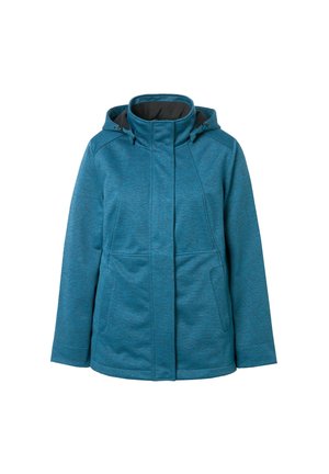 Giacca con cappuccio da donna blu, con zip frontale e tasche, progettata per il freddo, esposta su sfondo bianco.