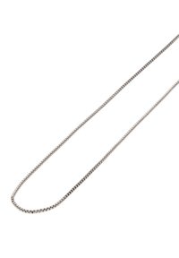 Sølvmetal kædetræk med et tyndt, fleksibelt design. Har en glat overflade og en række små, ensartede segmenter.