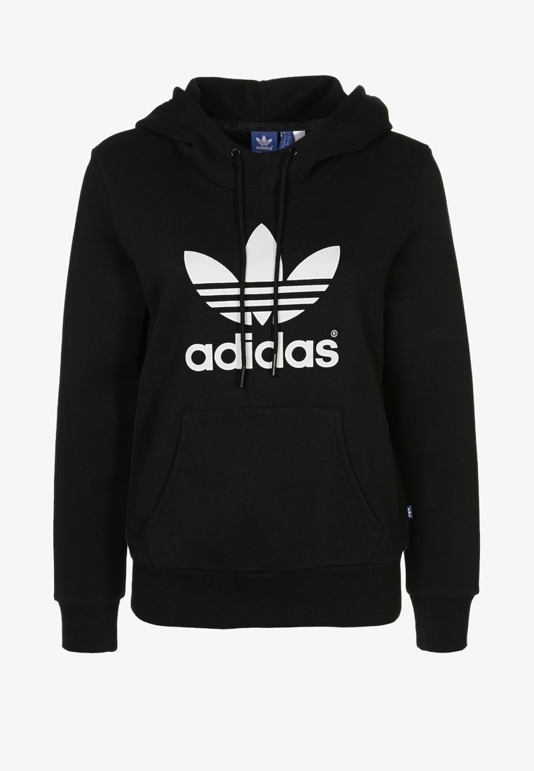 Mustapaita, joka on valmistettu puuvillasta, jossa on kenguruhyppy, ja jossa on suuri valkoinen Adidas-trefooli-logo edessä sekä nyöritettävä huppu.