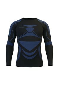 Long-sleeve athletic shirt in black with blue graphic patterns. Features a fitted design and textured accents on sleeves and torso.