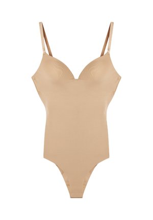 Body nudo con spalline sottili, scollatura a V, texture liscia e design a gamba alta. Il materiale è elastico e aderente.