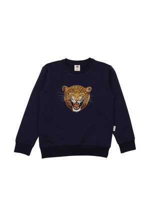 Navy blue long-sleeve sweatshirt with a detailed roaring leopard head graphic centered on the front.