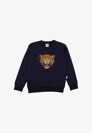 Navy blue long-sleeve sweatshirt with a detailed roaring leopard head graphic centered on the front.