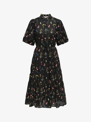 Zwarte midi-jurk met pofmouwen, gelaagde rok, bloemenprint in roze, geel en blauw en een tailleceintuur.
