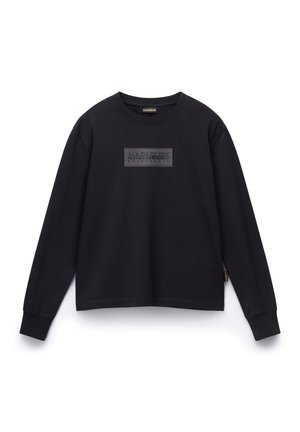Zwarte lange mouwen shirt van katoen, met een rechthoekige logopatch in het midden. Normale pasvorm met ribgebreide manchetten en onderrand.