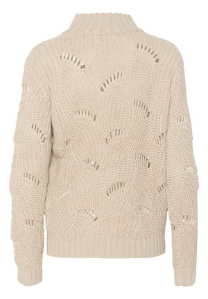 Bež pleteni pulover z visokim ovratnikom, ki ima odprte vzorce po celotni površini. Ribičasti manšeti in spodnji rob, debela tekstura in ohlapen kroj.