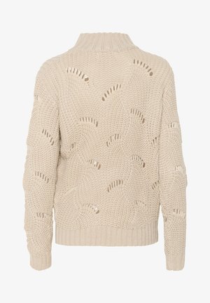 Beige gestrickter Pullover mit hohem Kragen, der durchgehend offene Strickmuster aufweist. Rippbündchen und Saum, dicke Textur und lockere Passform.