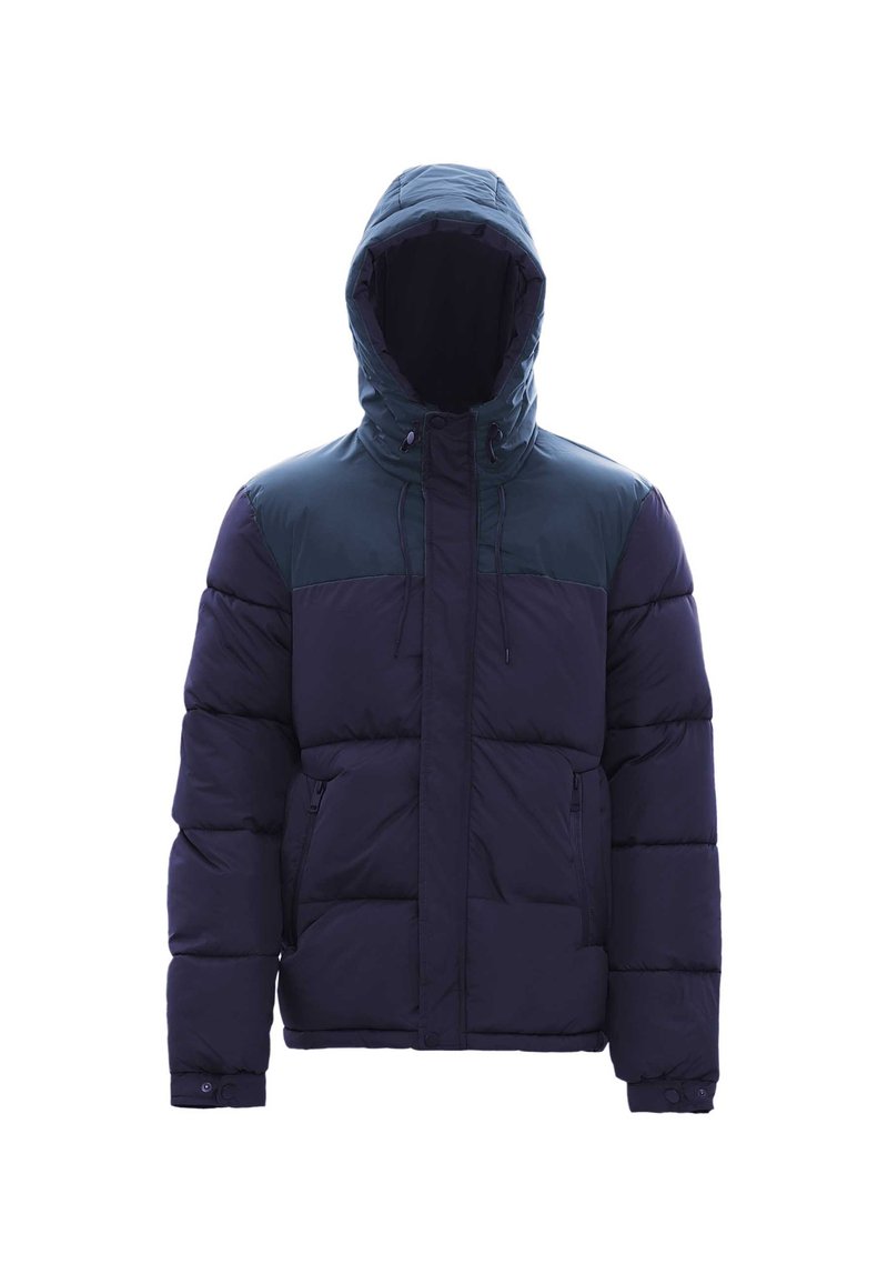 Giacca puffer blu navy con cappuccio, caratterizzata da un design a contrasto sulle spalle, due tasche laterali e chiusura frontale con zip.
