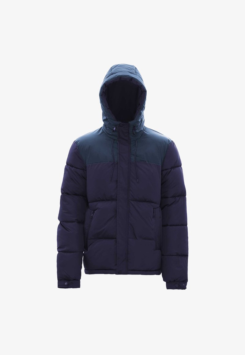 Tumši zila pūkainā jaka ar kapuci, kurai ir kontrastējošs plecu dizains, divas sānu kabatas un rāvējslēdzēja aizdare priekšā.